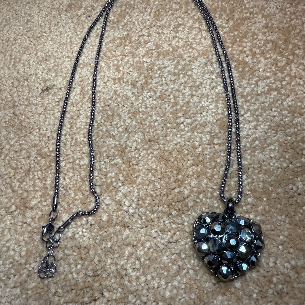 Studded Heart Pendant Necklace with Black and Silver Accents